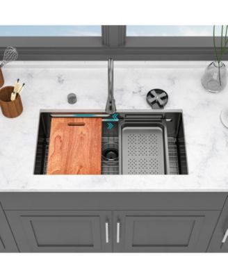 33x16.72x10inch Undermount Gunmetal Black Waterfall Kitchen Sink Stainless Steel Workstation