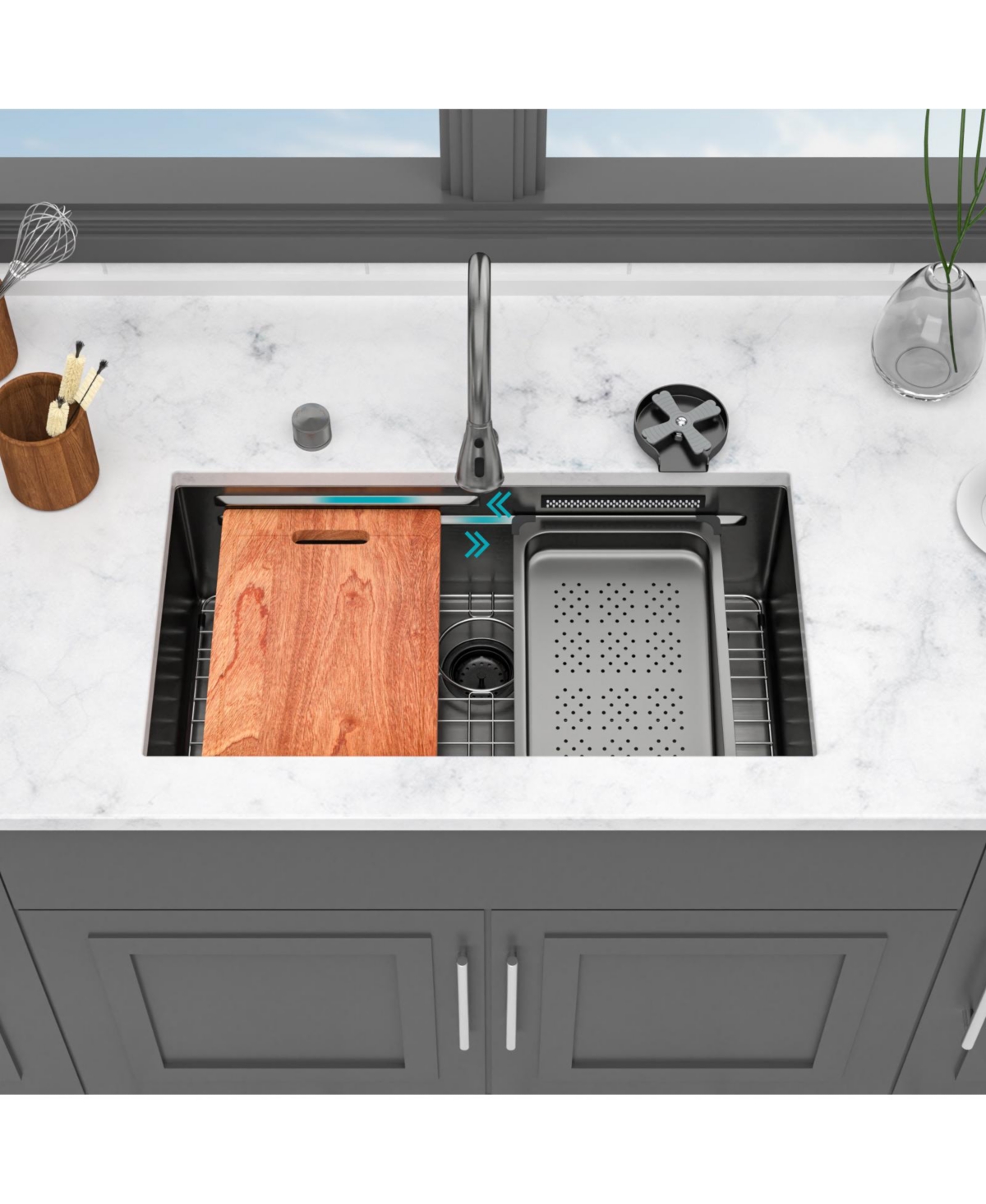 flynama 33x16.72x10inch Undermount Gunmetal Black Waterfall Kitchen Sink Stainless Steel Workstation