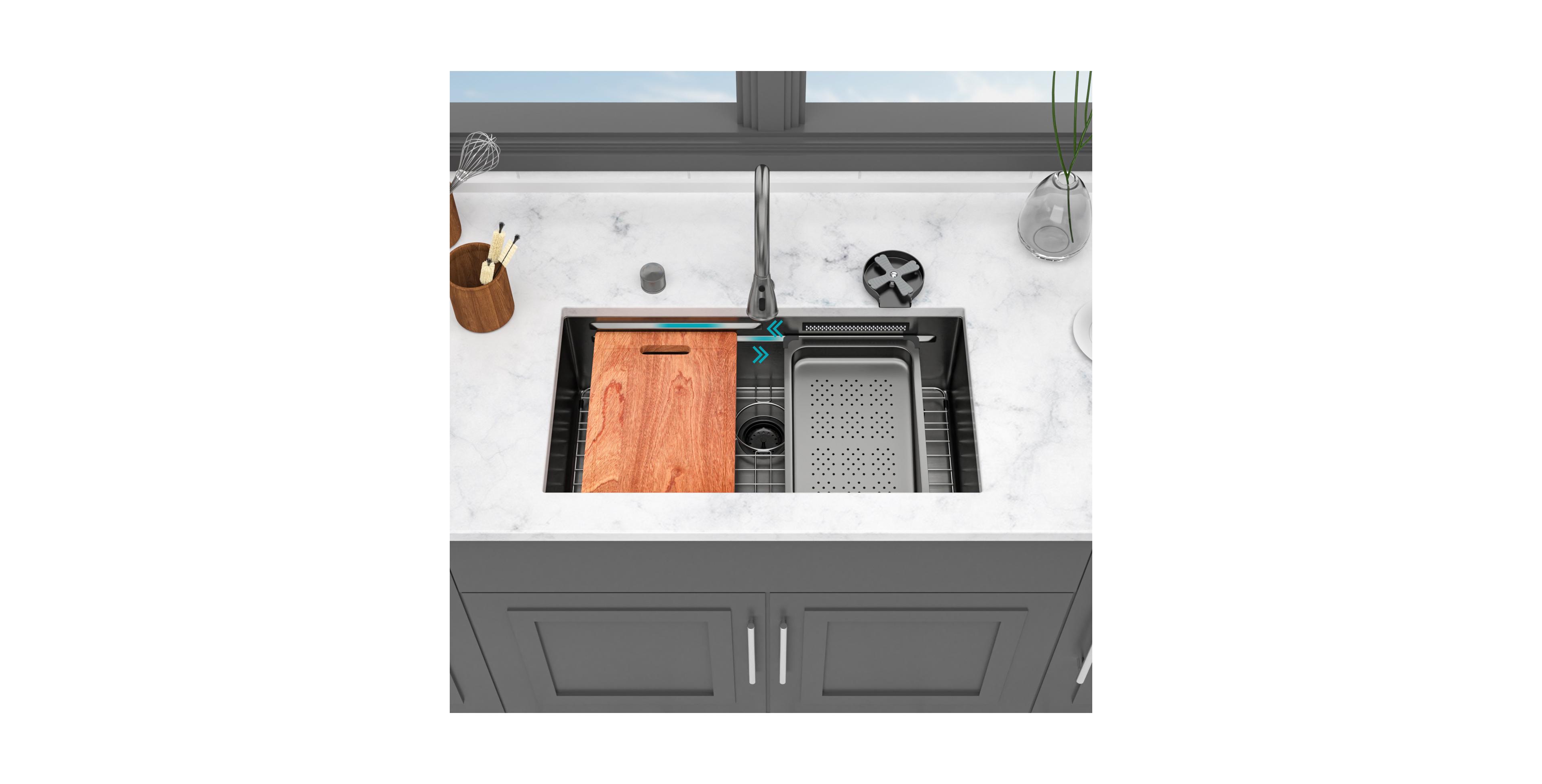flynama 33x16.72x10inch Undermount Gunmetal Black Waterfall Kitchen Sink Stainless Steel Workstation