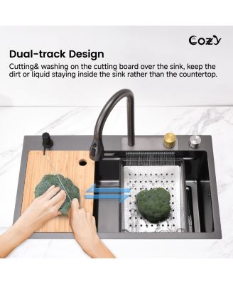 30x22inch Black Waterfall Kitchen Sink Stainless Steel Single Bowl Workstation SSBL12 with Flying rain Faucet Cutting Board