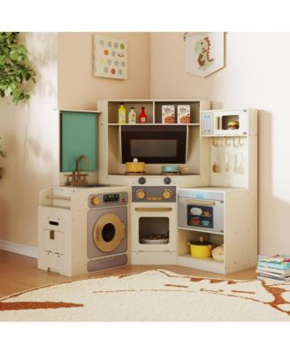 Kids Corner Wooden Play Kitchen with Realistic Cooking Features and Storage