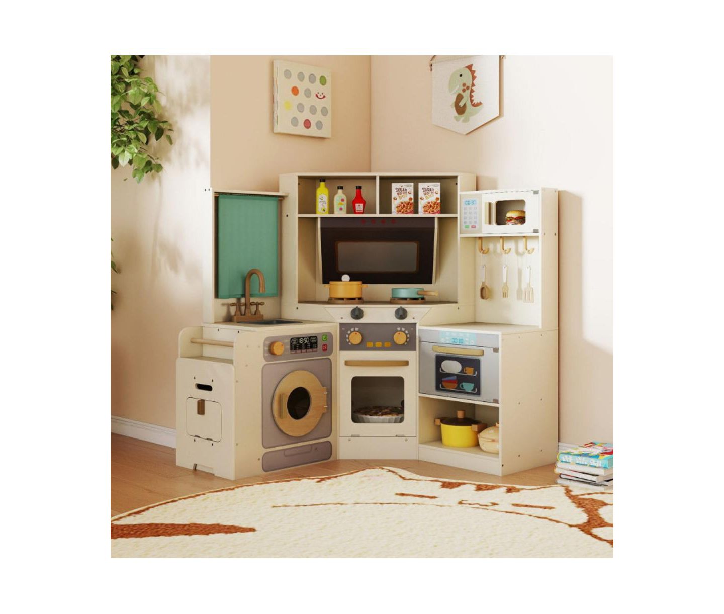 Детская игрушка HONGGE Interactive Wooden Corner Play Kitchen, Ages 3+, цвет: Бежевый / Хаки — фото 5