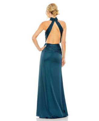 Petite Open Back High Neck Side Ruched Gown