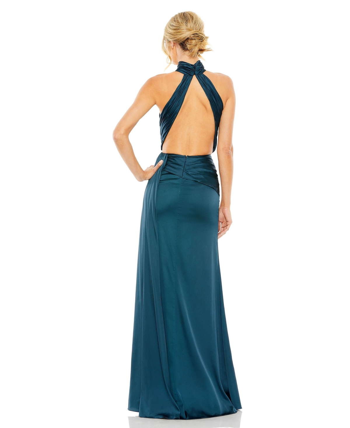 Mac Duggal Petite Open Back High Neck Side Ruched Gown