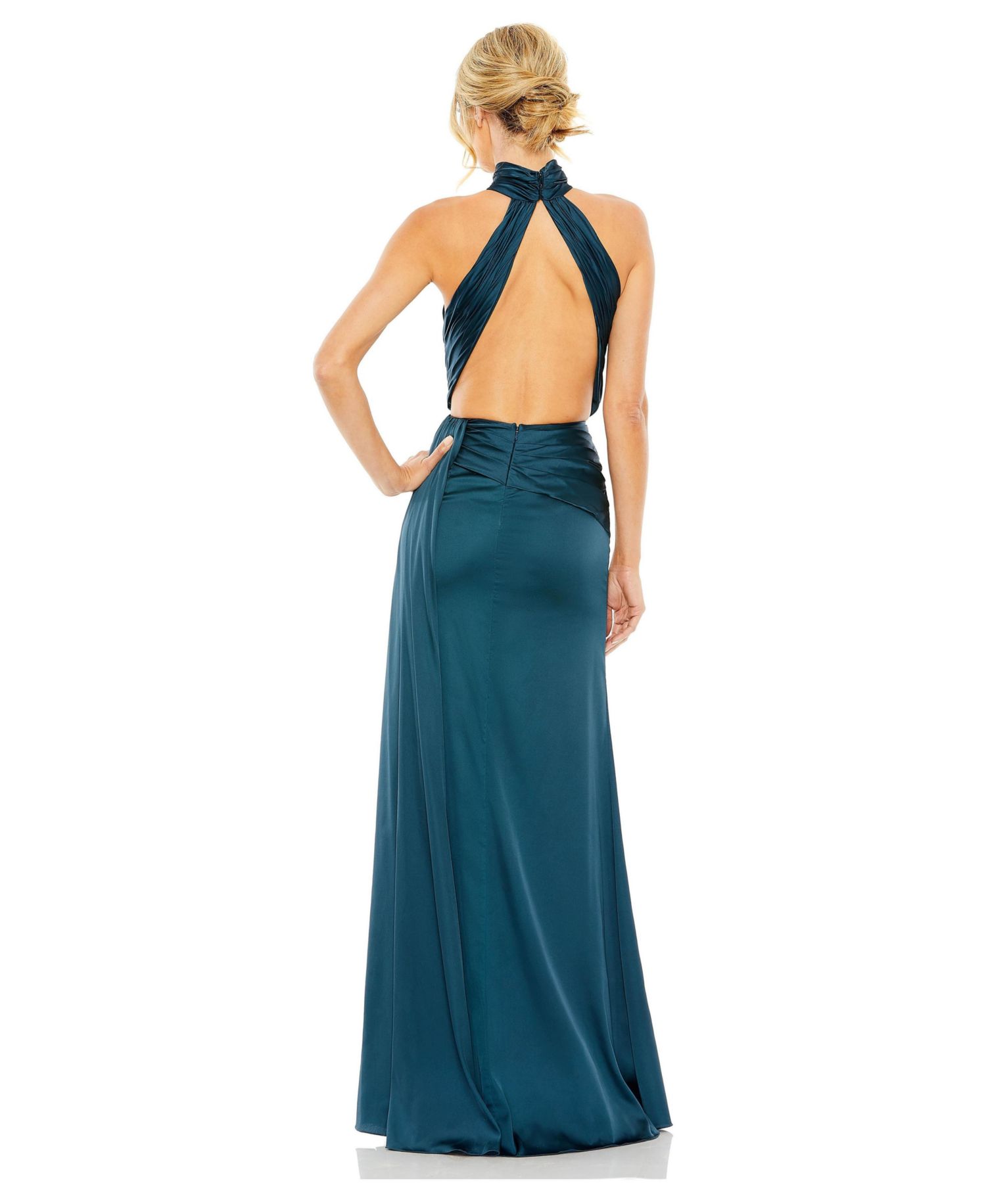 Petite Open Back High Neck Side Ruched Gown