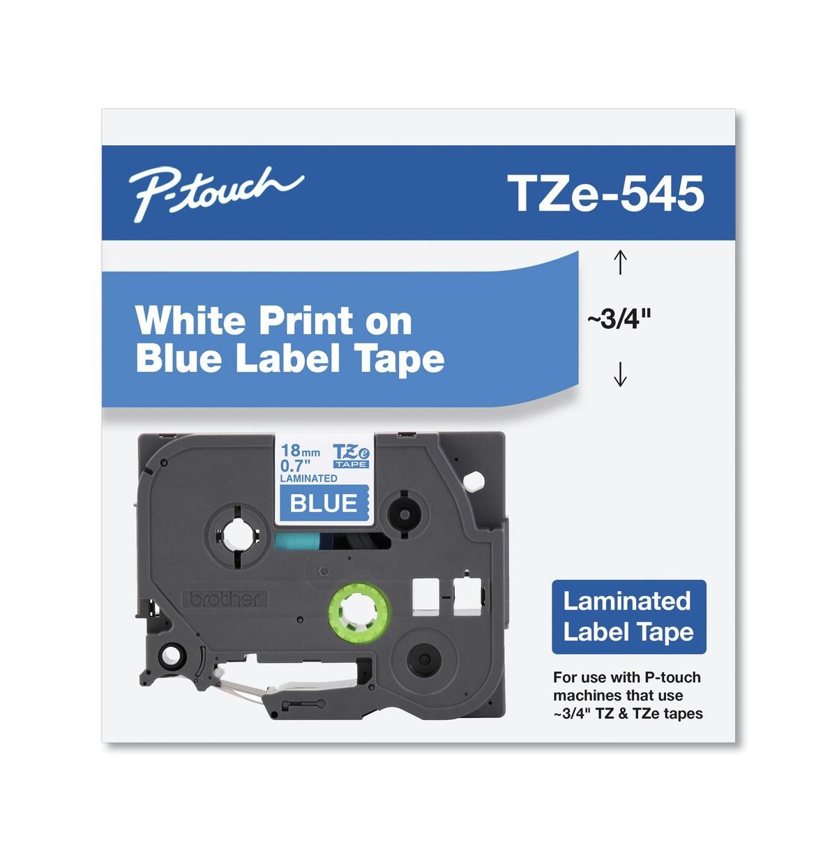 Brother P-Touch TZE545 0.7 in. x 26.2 ft. TZe Standard Adhesive Laminated Labeling Tape - White on Blue