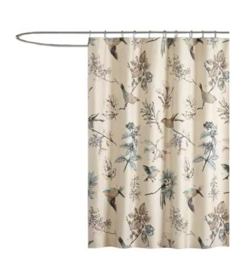 72-inch Beige Khaki Cotton Shower Curtain with Vintage Birds Leaf Floral Print