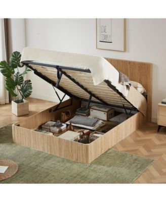 Queen Size Lift-Up Storage Bed Frame with Hydraulic System, Wooden Corrugated Curved Lines.