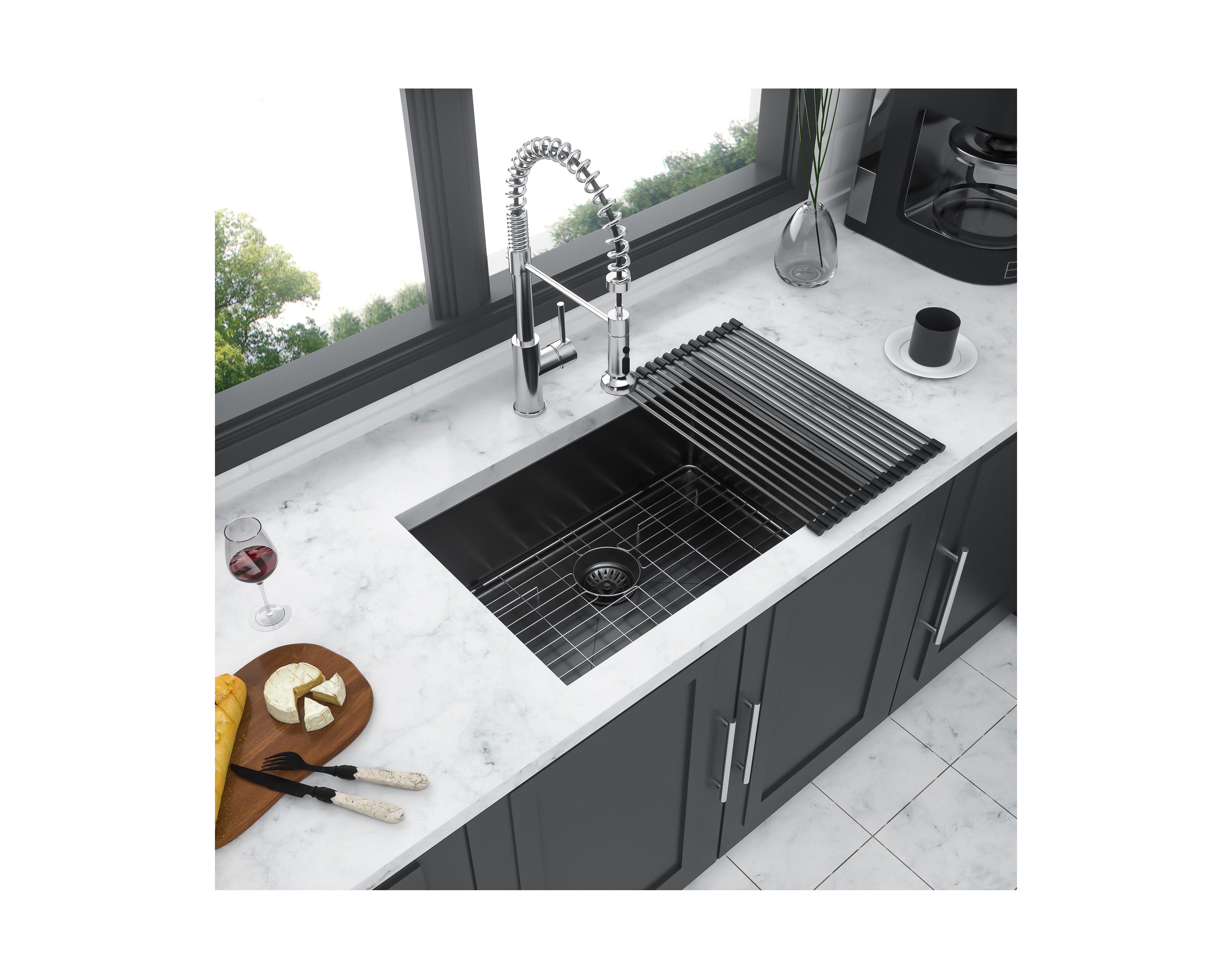 flynama 23inch Gunmetal Black Undermount Kitchen Sink 16G T304 Nano Stainless Steel Single Bowl 23x18x10inch 10inch Deep Sink with Full Accessories