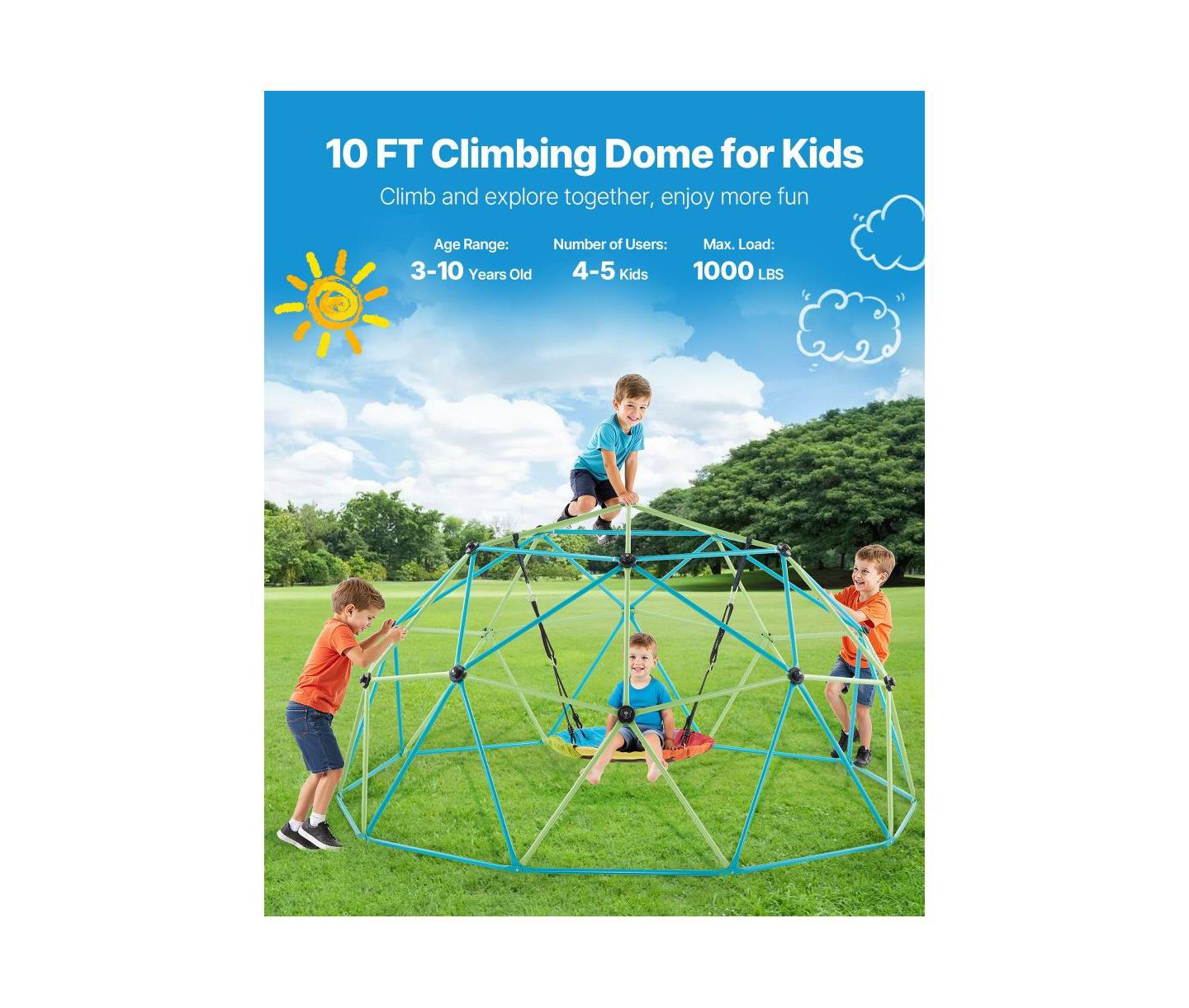 Детская игрушка Slickblue 10 Ft. Geometric Dome Climber with Saucer Swing, 1000 lbs Capacity, Ages 3-8, цвет: Зелёный / Синий — фото 2