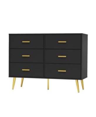 6 Drawer Wooden Dresser with Gold Knobs, Large Storage Chest for Bedroom Living Room or Entryway
