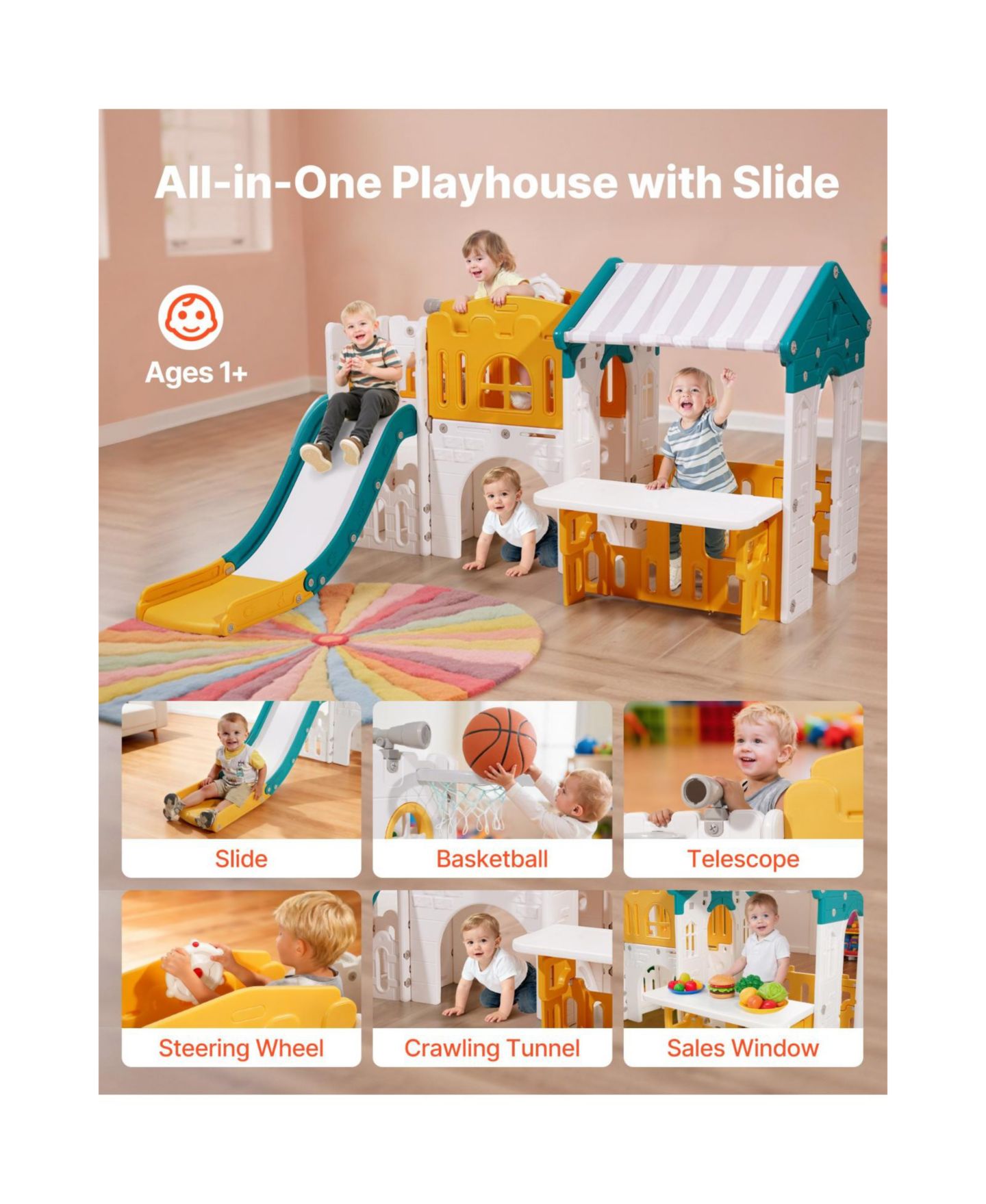 Детский игровой набор Slickblue Hdpe Toddler Playset with Slide, Basketball Hoop & Telescope, 73.6"L x 59.4"W x 43.5"H, Ages 1-3, цвет: Белый / Жёлтый — фото 4