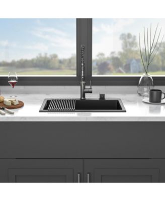 huluwat Black Quartz Composite Kitchen Sink Drop In Granite