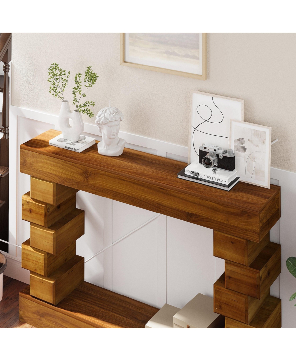 Boyel Living Geometric Block Stacked Wood Console Table with Warm Natural Finish, Entryway Table