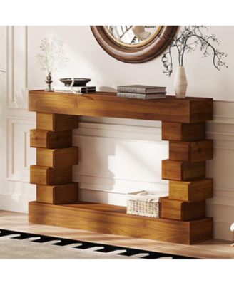 Geometric Block Stacked Wood Console Table with Warm Natural Finish, Entryway Table