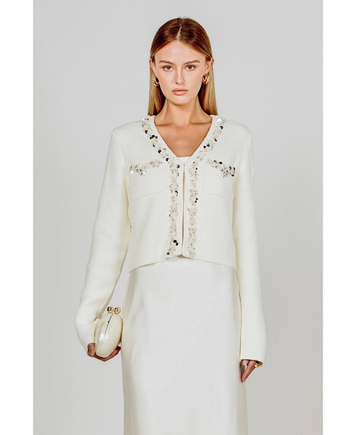 endless rose Women's Boucle Knit Jewel Trim Cardigan