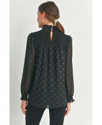 Maternity Long Sleeve Mock Neck Polka Dot Smocked Blouse