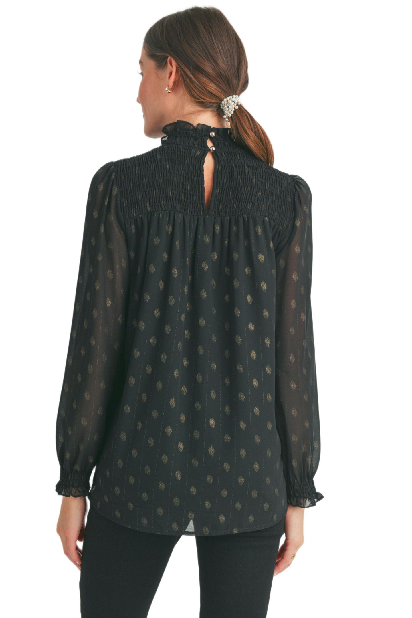 Женская блузка Hello Miz Maternity Long Sleeve Mock Neck Polka Dot Smocked Blouse, цвет: Чёрный — фото 3