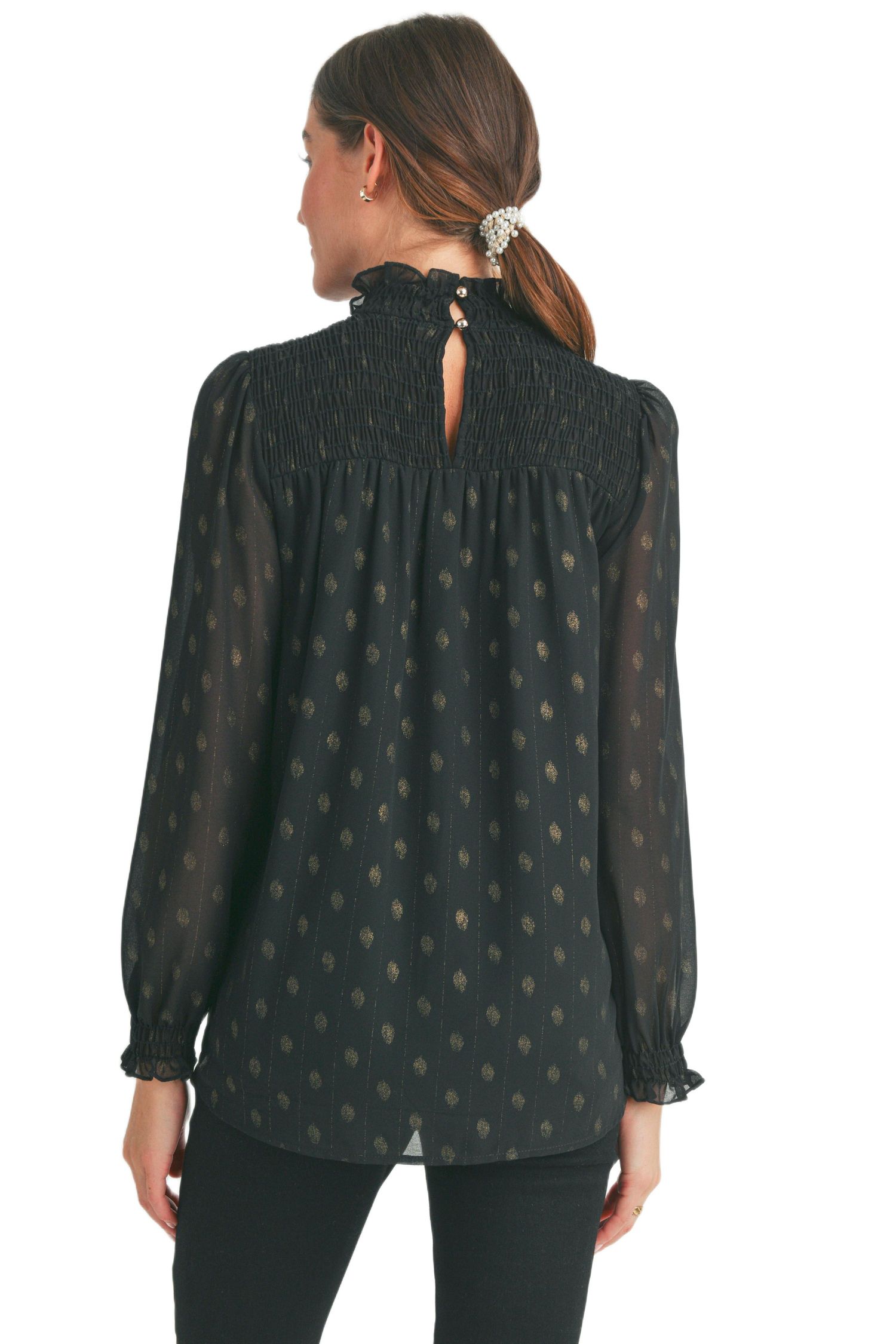 Maternity Long Sleeve Mock Neck Polka Dot Smocked Blouse