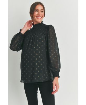 Maternity Long Sleeve Mock Neck Polka Dot Smocked Blouse