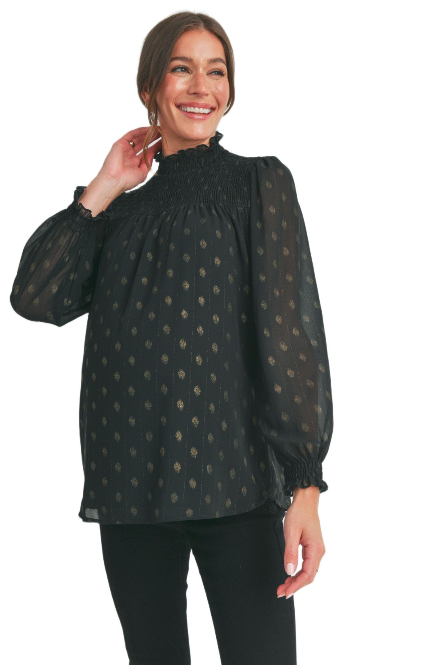 Женская блузка Hello Miz Maternity Long Sleeve Mock Neck Polka Dot Smocked Blouse, цвет: Чёрный — фото 1