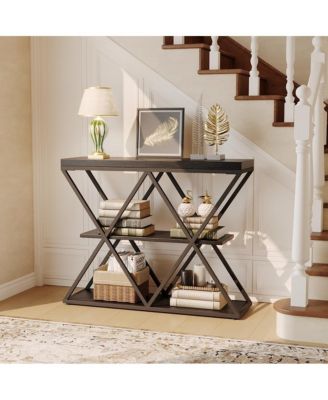 Industrial 3-Tier Entryway Table with X-Shaped Metal- Warm Rustic Vintage Wood Tone, Double X Metal Frames with 2 Shelves