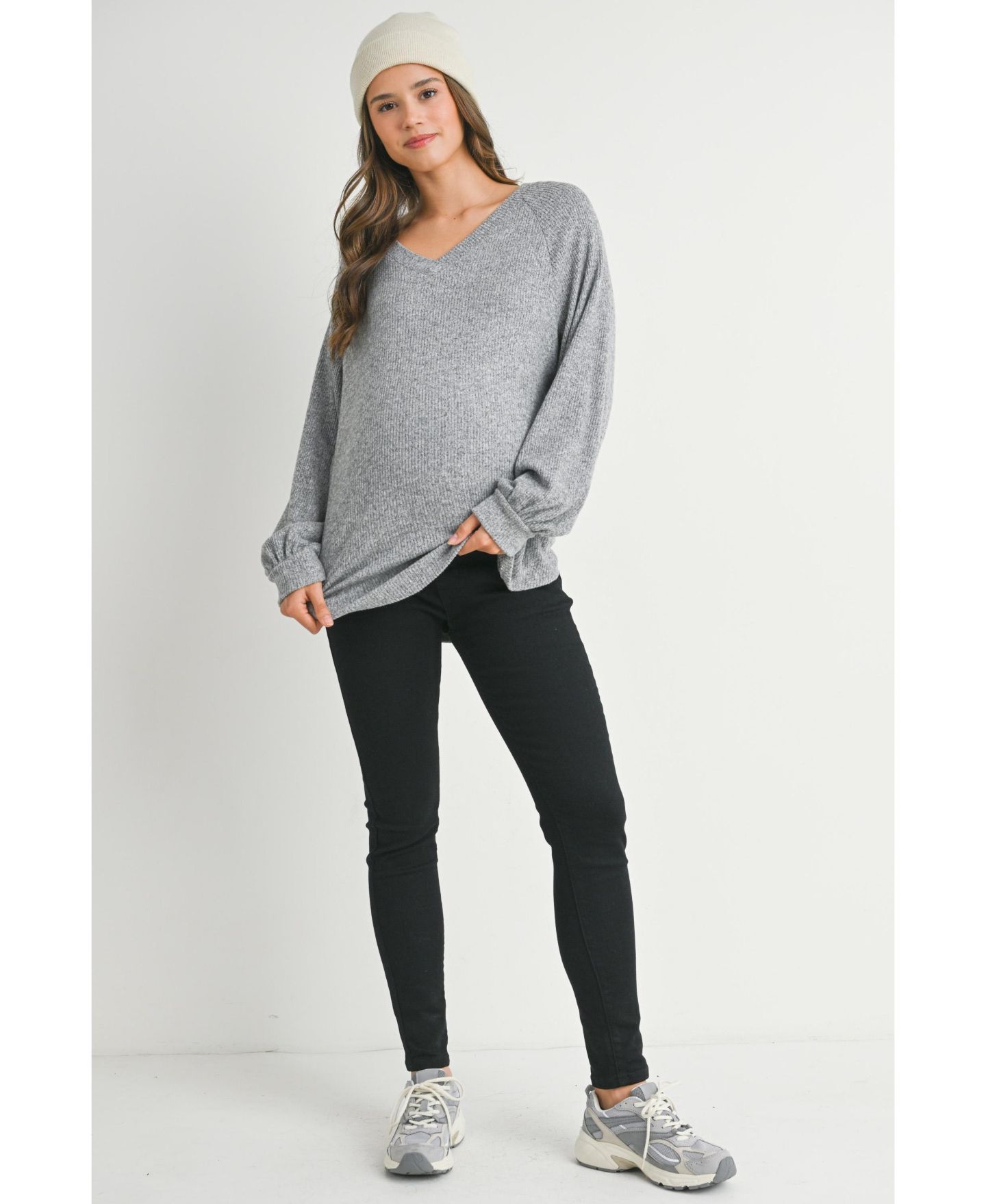 Женский свитер Hello Miz Maternity Ribbed Long Sleeve V Neck, цвет: Меланжевый серый — фото 4