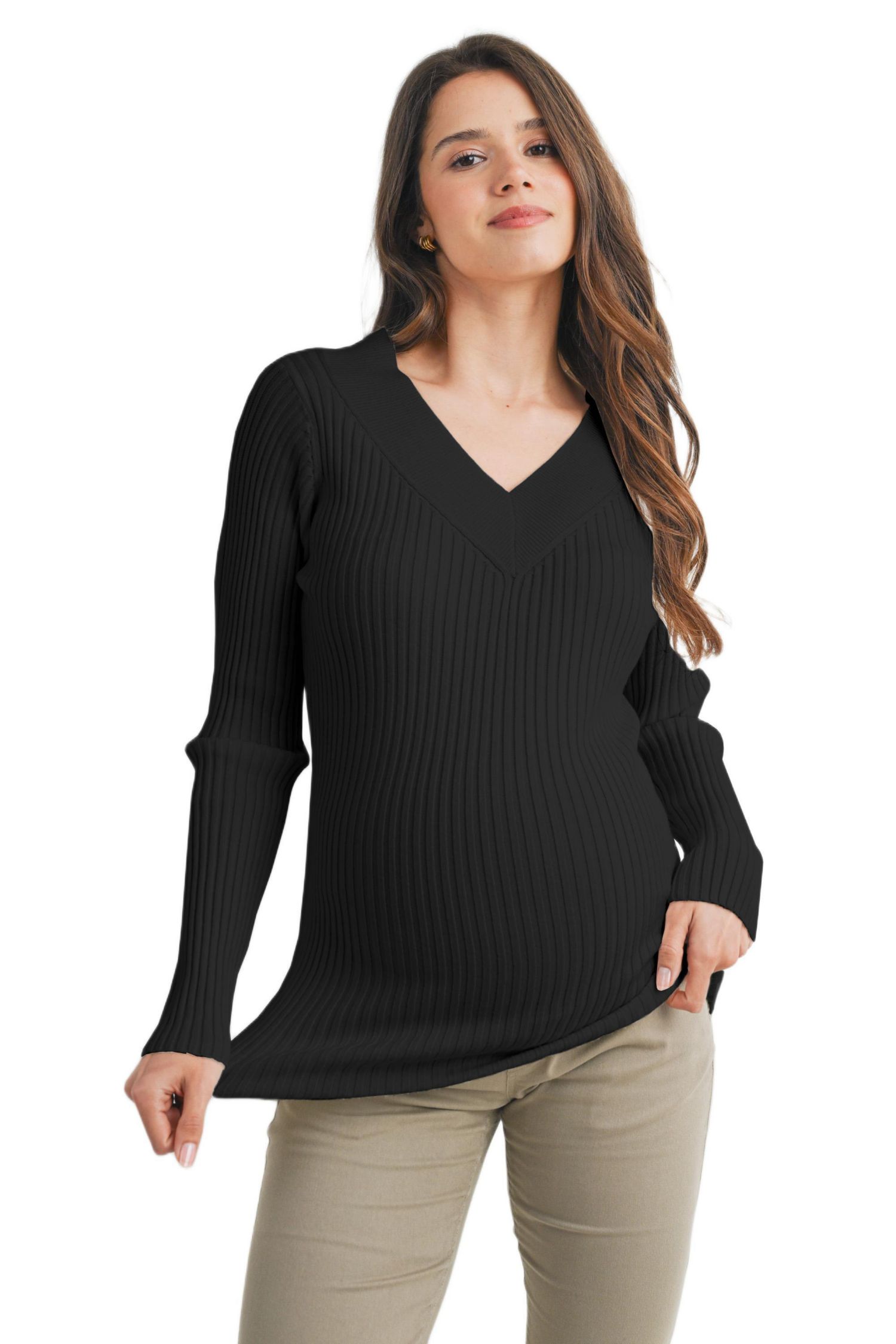 Maternity Ribbed Knit V Neck Long Sleeve Sweater