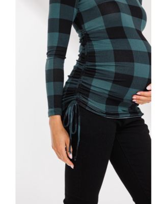 Maternity Plaid Side Ruched Long Sleeve Top