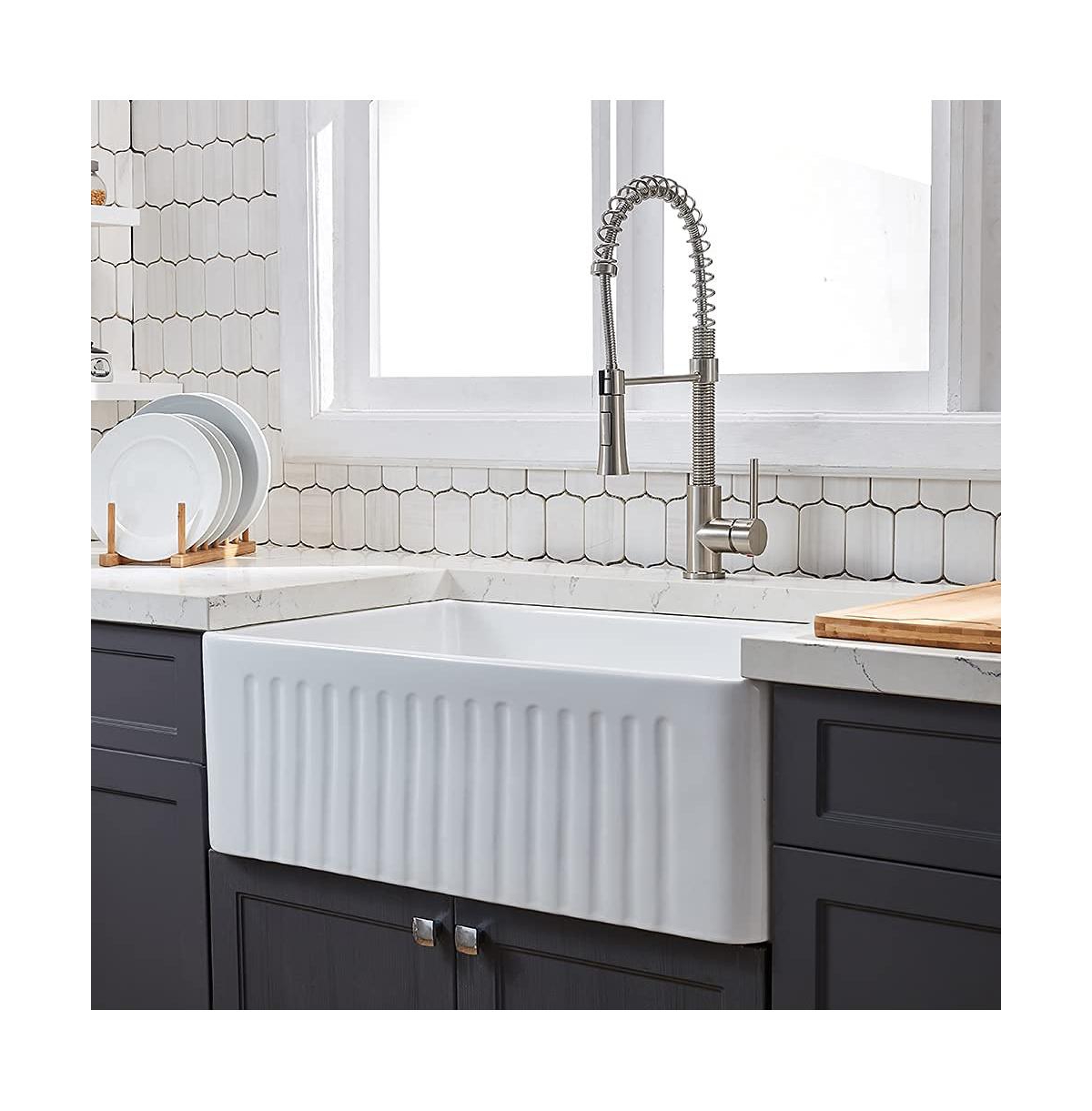 flynama 36x20inch Fireclay Farmhouse Kitchen Sink Reversible Grid Strainer 10 Inch Deep