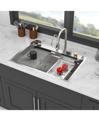 33x22x10inch 16 Gauge T304 Stainless Steel Drop In Waterfall Workstation Kitchen Sink with Pull Down Faucet and Cup Washer