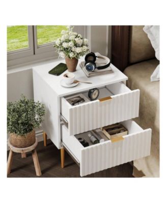 Modern Nightstand With 2 Drawers Golden And Wood Fluted Night Stand With Charging Station Bedside Table With USB Ports