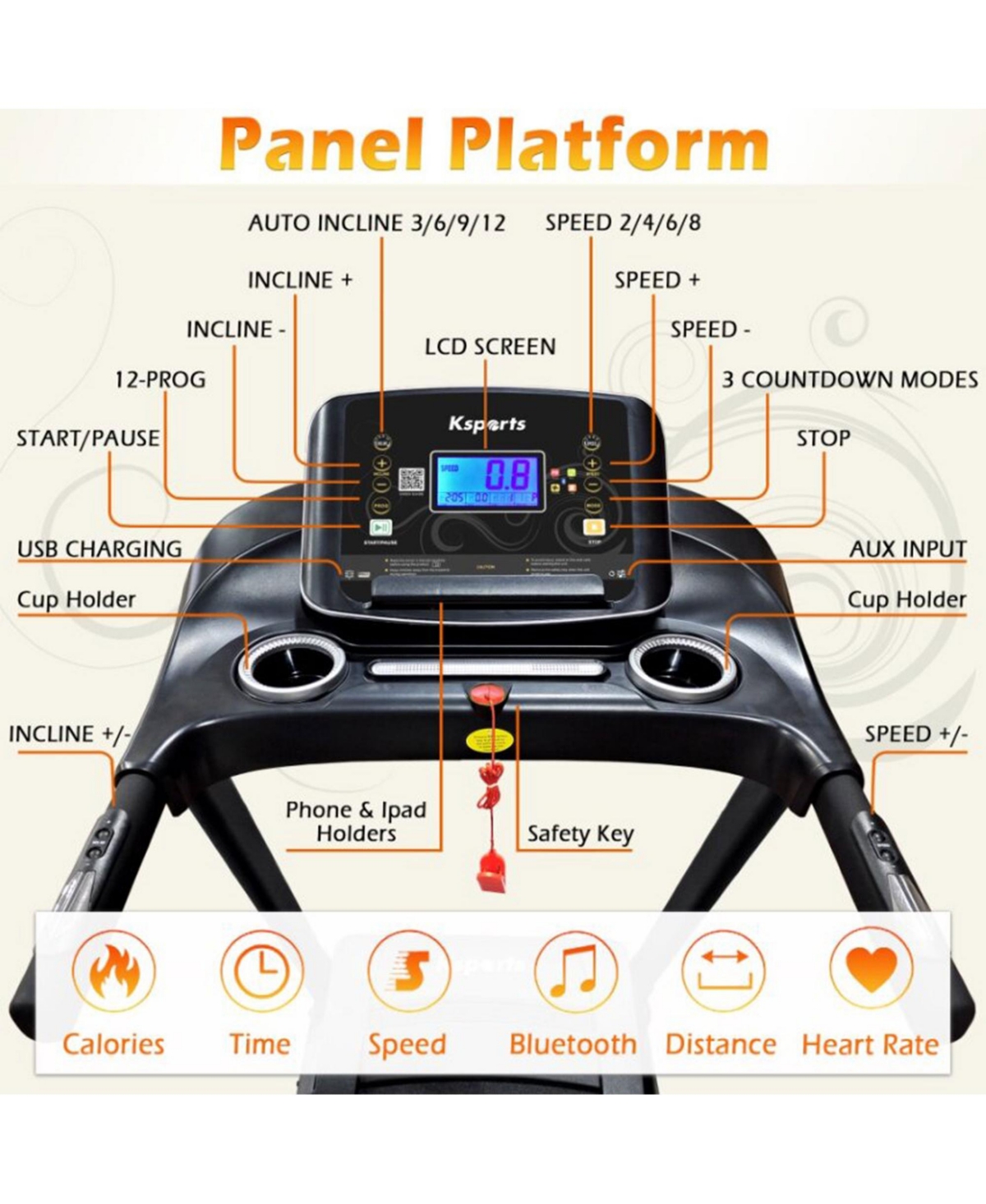 Ksports 16.5 In Wide Foldable Home Treadmill w/ Bluetooth & Fitness Tracking App