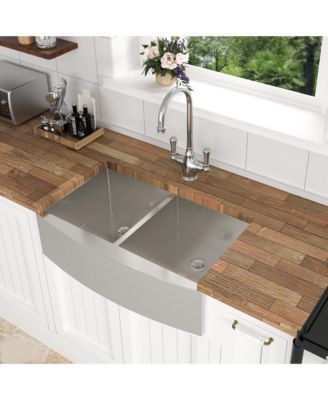 36" x 20" x 9" Double Bowl Farmhouse Kitchen Sink, Stainless Steel, Apron Front, 16-Gauge, 50/50 Split