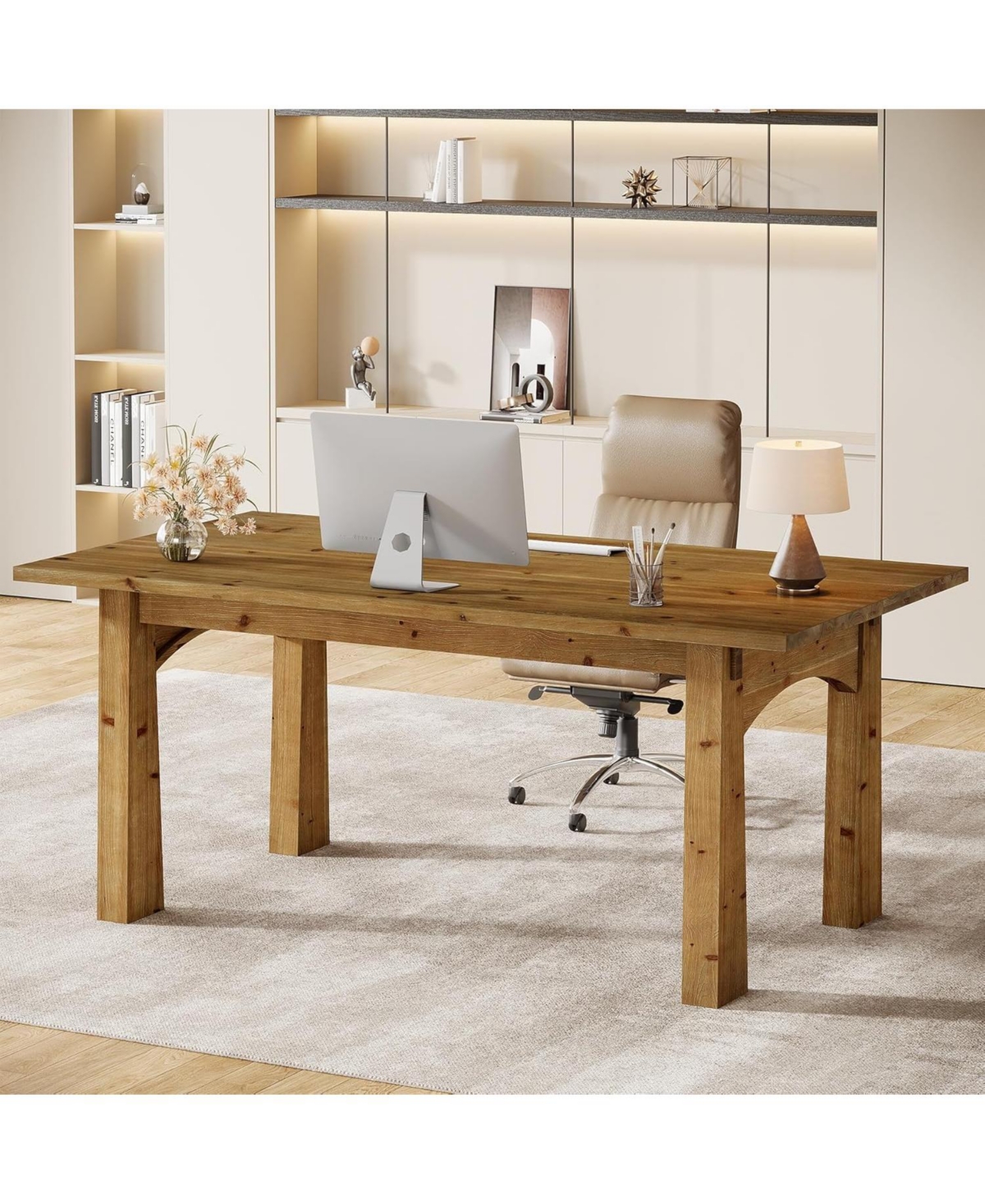 Tribesigns Solid Wood Executive Desk, 63-Inch Computer Desk with Sturdy Wooden Legs, Farmhouse Workstations Writing Table Conference Table
