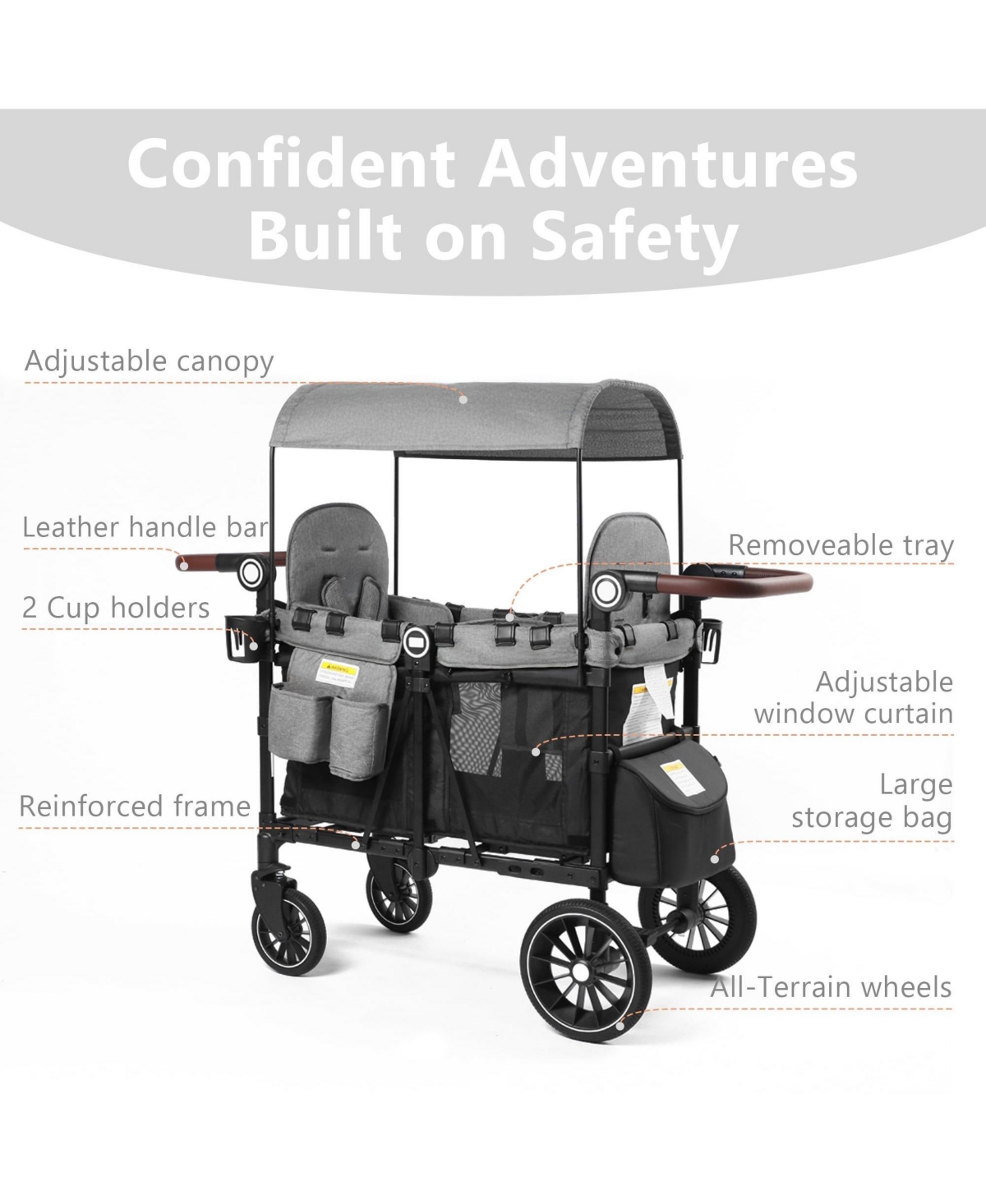 Kinder King All-Terrain Wagon Stroller for Two Kids with Canopy, Snack Tray and Shock-Absorbing Wheels