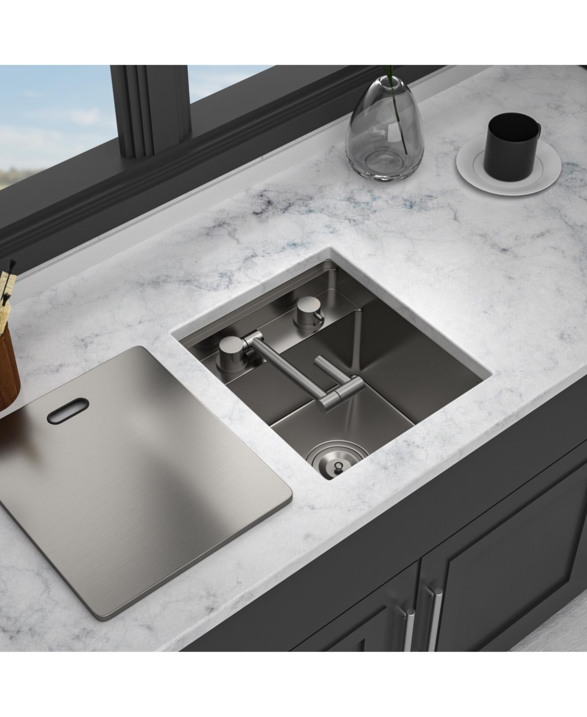 flynama 15x17x9inch Undermount Bar Sink with Folding Faucet Single Bowl 16 Gauge Gunmetal Black