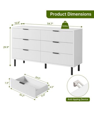 Modern Fluted 6 Drawer Dresser for Bedroom, Wide Chest of Drawers with Metal Handles and Legs