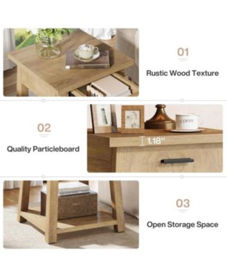 Farmhouse Square Side Table, 2 -Tier Wooden End Table with Drawer, Rustic Nightstands with Shelf Storage
