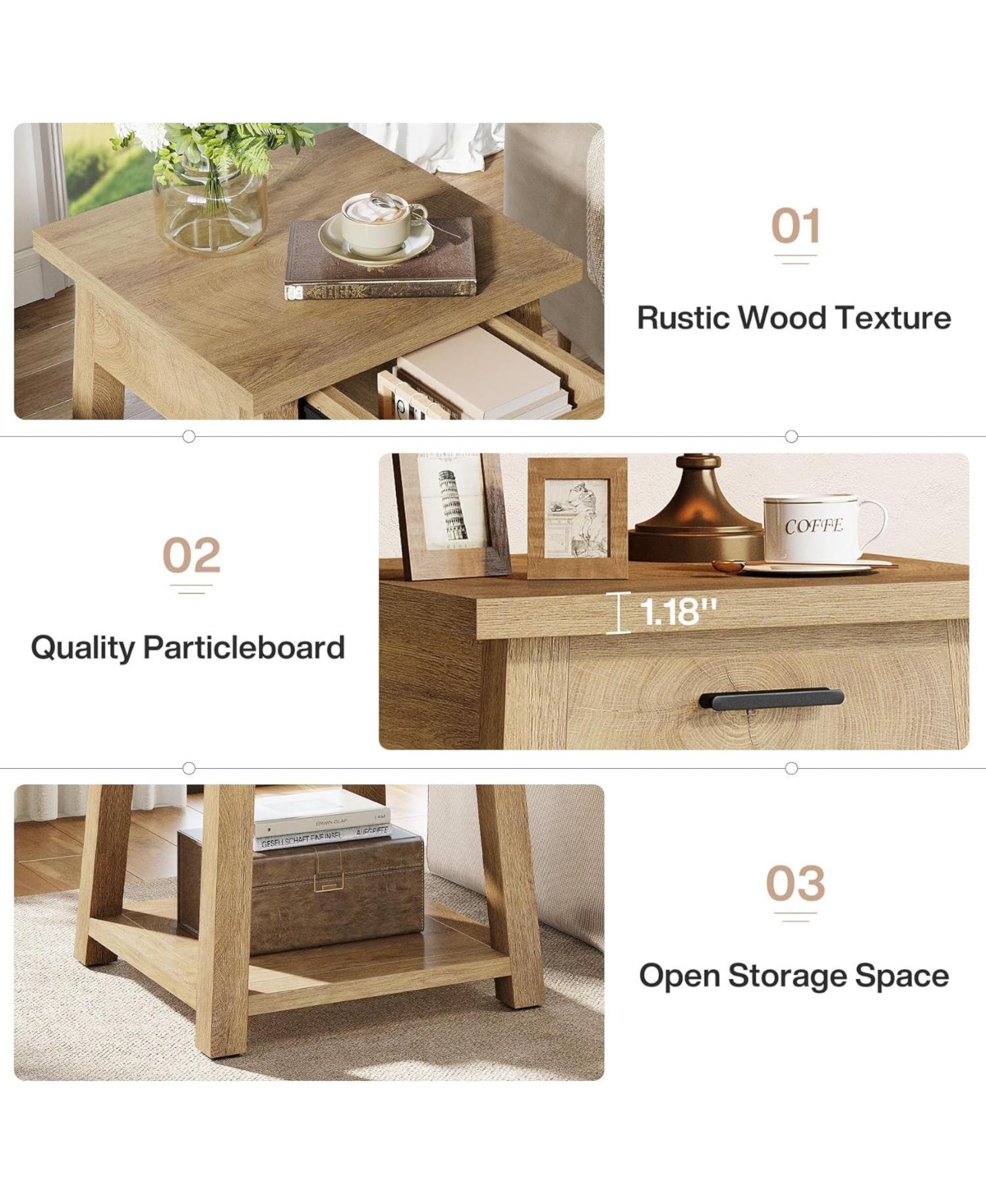 Tribesigns Farmhouse Square Side Table, 2 -Tier Wooden End Table with Drawer, Rustic Nightstands with Shelf Storage