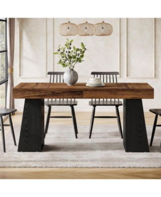 Dining Room Table for 4-6, 55-Inch Mid-Century Modern Dining Table with Double Pedstral, Rectangular Wood Kitchen Dinner Table