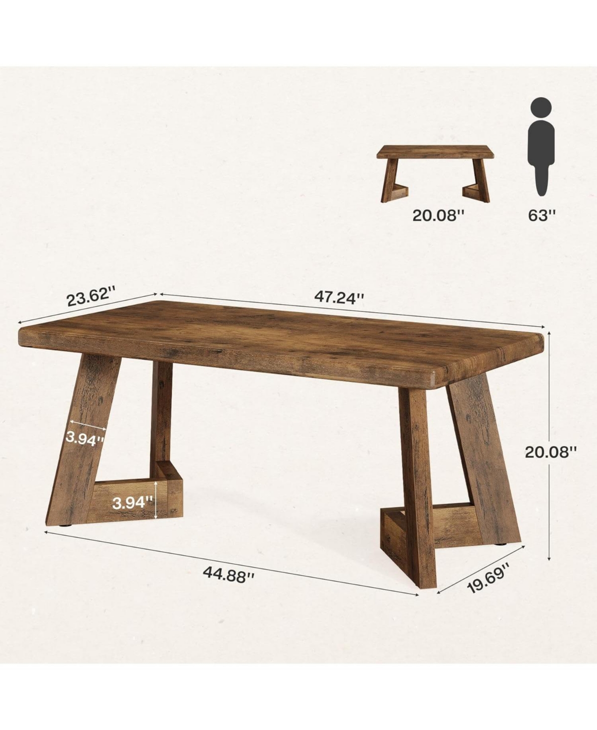 Tribesigns Coffee Table, Farmhouse Center Table with V-Shaped Legs, 47.2 x 23.6 Inches Rectangle Living Room Tables, Easy to Assemble, Rustic Brown