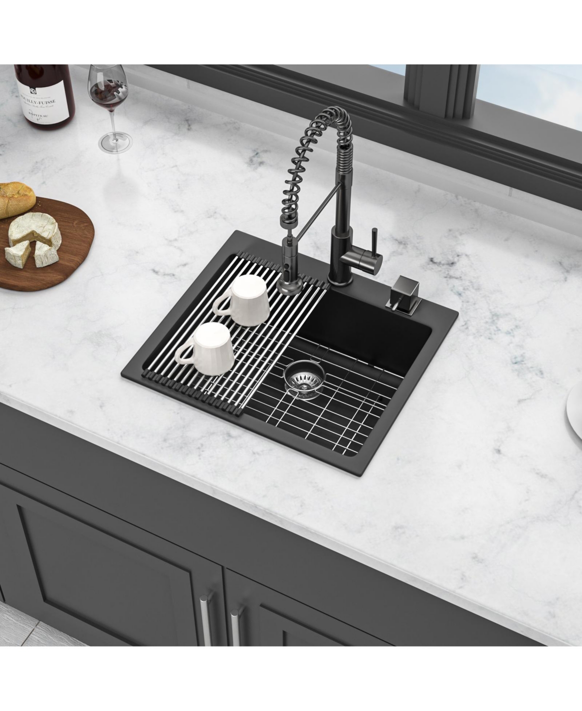 flynama 25x22x9.65inch Black Quartz Composite Kitchen Sink Drop In Single Bowl Granite