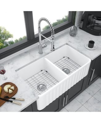 33x18x10inch White Farmhouse Sink Ceramic Porcelain Double Bowl Apron Front Kitchen