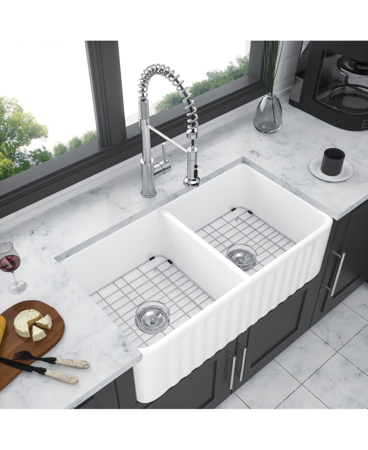 flynama 33x18x10inch White Farmhouse Sink Ceramic Porcelain Double Bowl Apron Front Kitchen