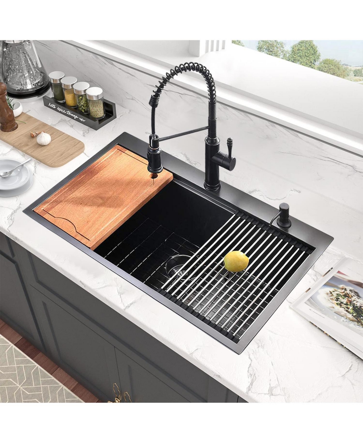 flynama 33x22x10 Inch Drop In Workstation Kitchen Sink R10 Radius SUS304 Stainless Steel Single Bowl With 5 Accessories Integrated Ledge