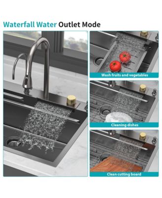 33x22x10inch Gunmetal Black Waterfall Kitchen Sink Drop In Stainless Steel Workstation