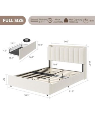 LED Twin XL Bed Frame with Storage Headboard, Boucle Upholstered Kids Bed with 2 Drawers, Wavy Bookcase Headboard - Full