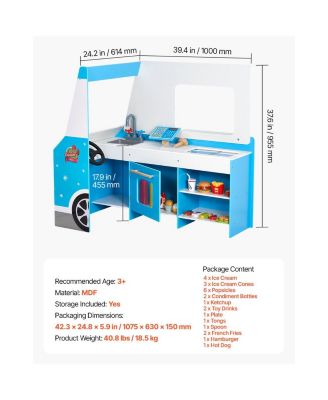 Ice Cream Cart for Kids, 20+ PCS Ice Cream Truck Wooden Playset, Pretend Play Stand with Steering Wheel & Chalkboard