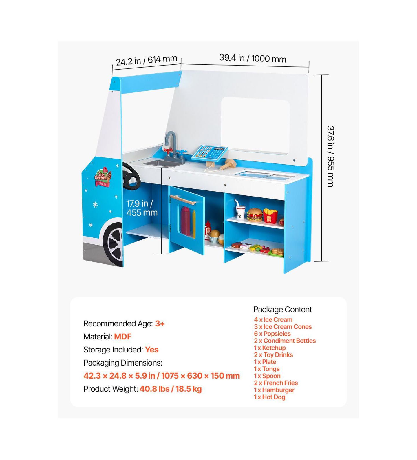 Детский игровой набор Slickblue Ice Cream Cart Steering Wheel & Chalkboard 20+ Piece Playset, от 3 лет, цвет: Синий — фото 2